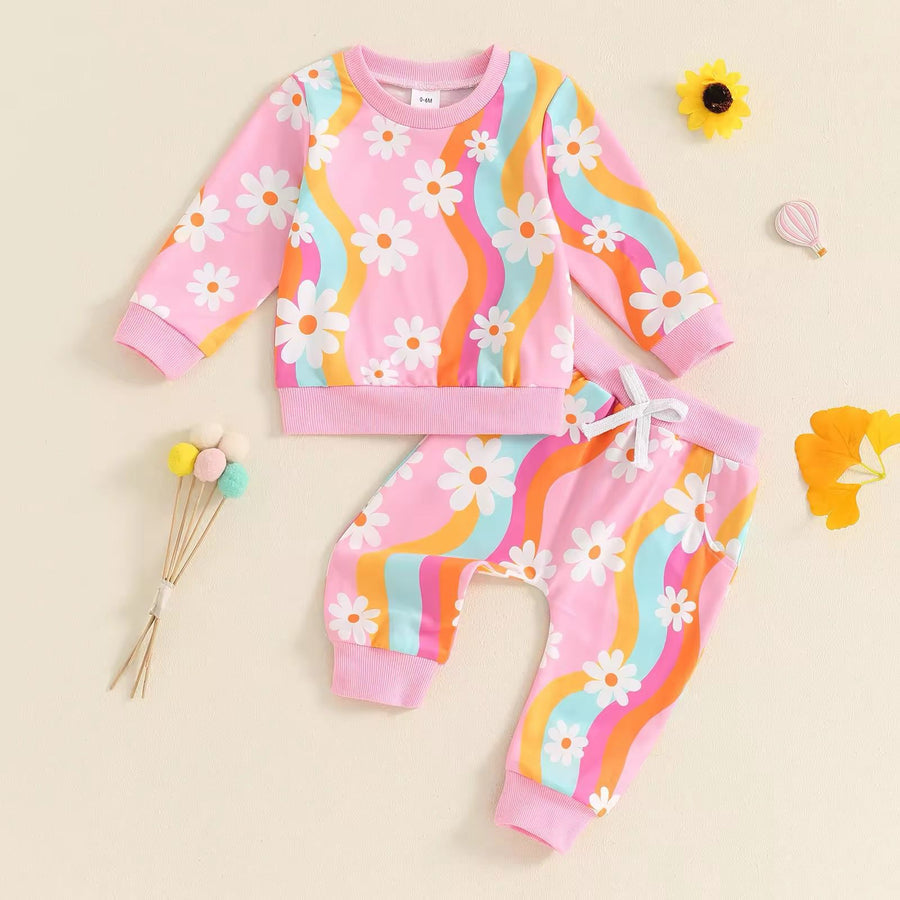 Baby girl pink floral style printed winter fleece tracksuit - #WP00-07