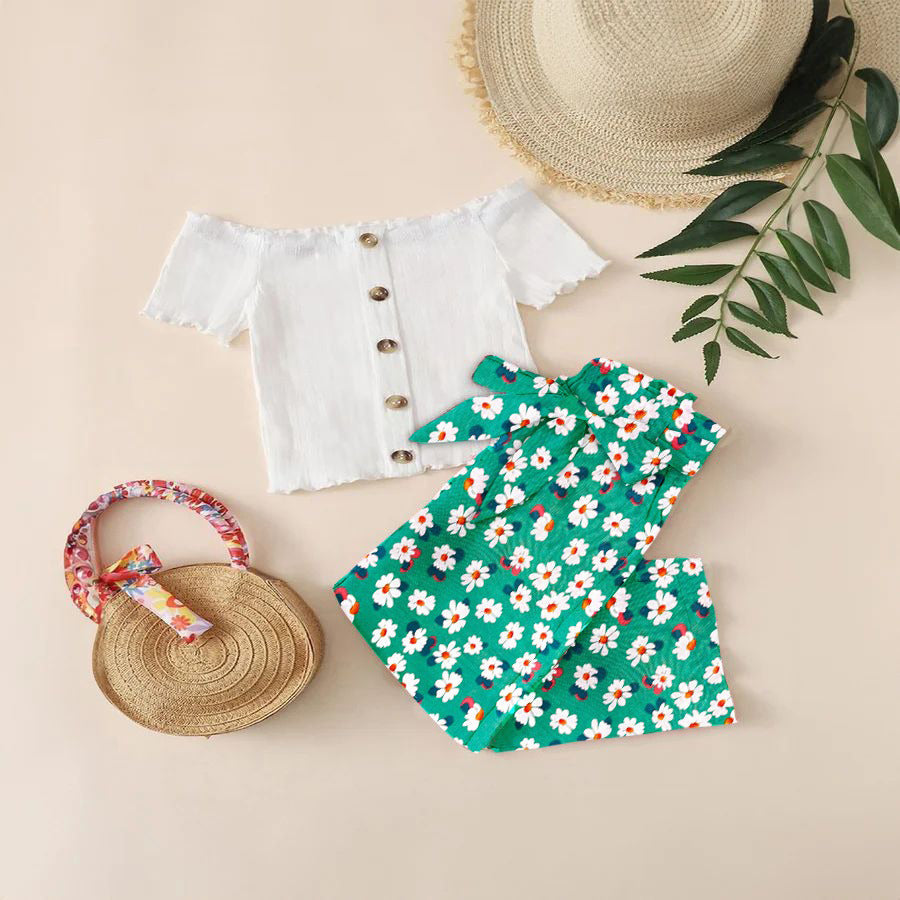 BABY GIRL WHITE TOP WITH GREEN FLORAL STYLE PANT - #121