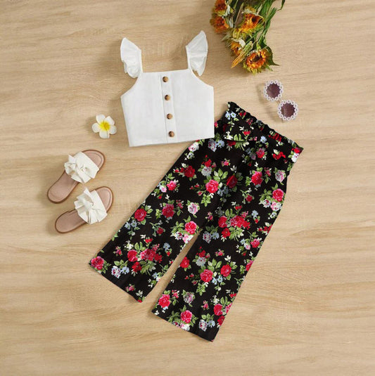 BABY GIRL WHITE TOP WITH BLACK MULTI FLORAL STYLE PANT - #123