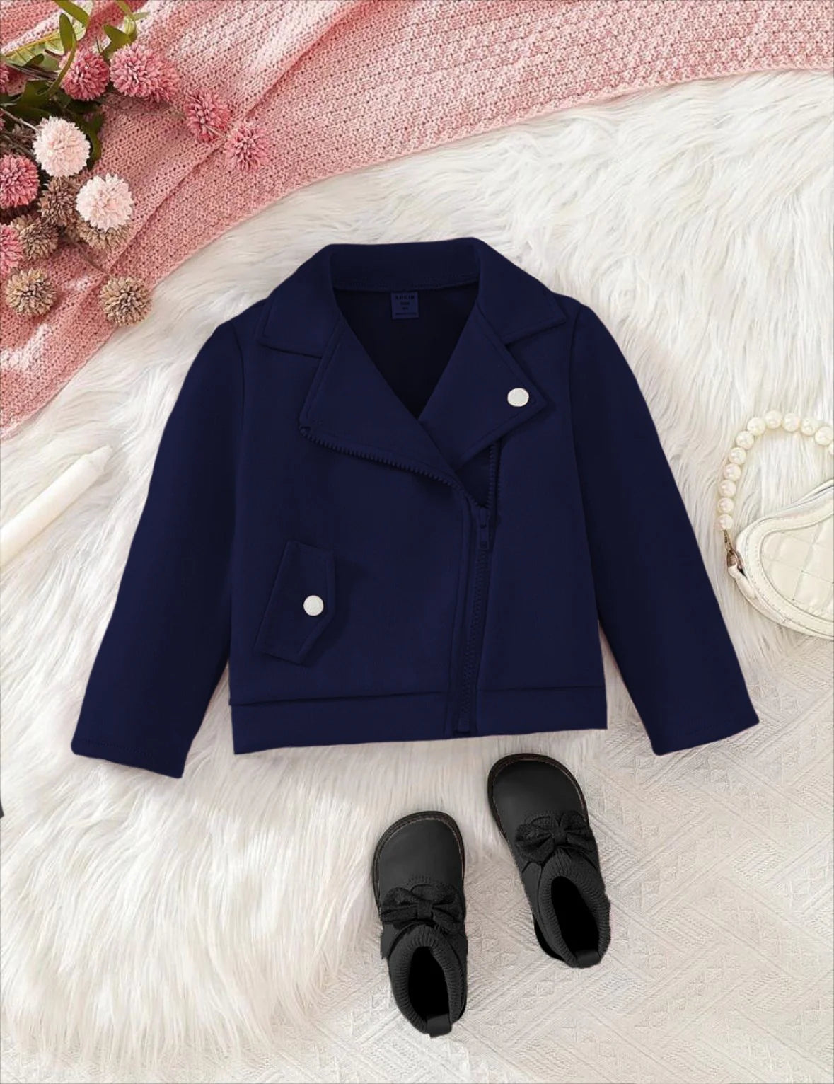 Baby girl cross zipper style winter fleece coat - Navy Blue