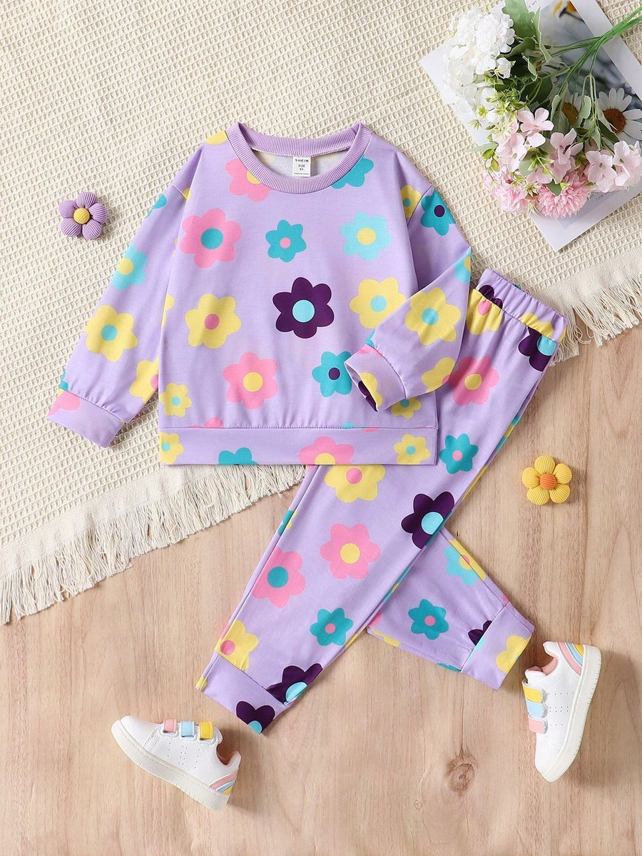 Baby girl lavender floral style printed winter fleece tracksuit - #WP-0013