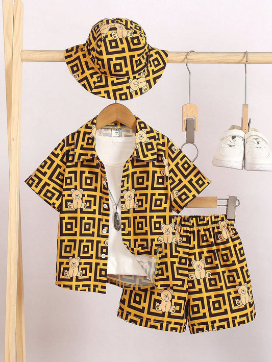 BABY/BOY MUSTARD AND BLACK PRINTED STYLE KIDS SHORT AND SHIRT WITHOUT CAP - #SS512