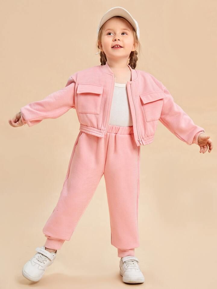 Baby girl pink zipper style winter fleece tracksuit - #WS00-06