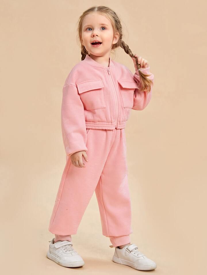 Baby girl pink zipper style winter fleece tracksuit - #WS00-06