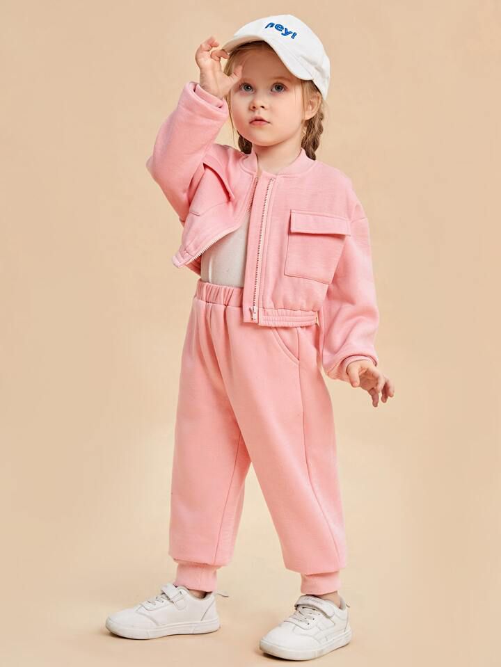 Baby girl pink zipper style winter fleece tracksuit - #WS00-06