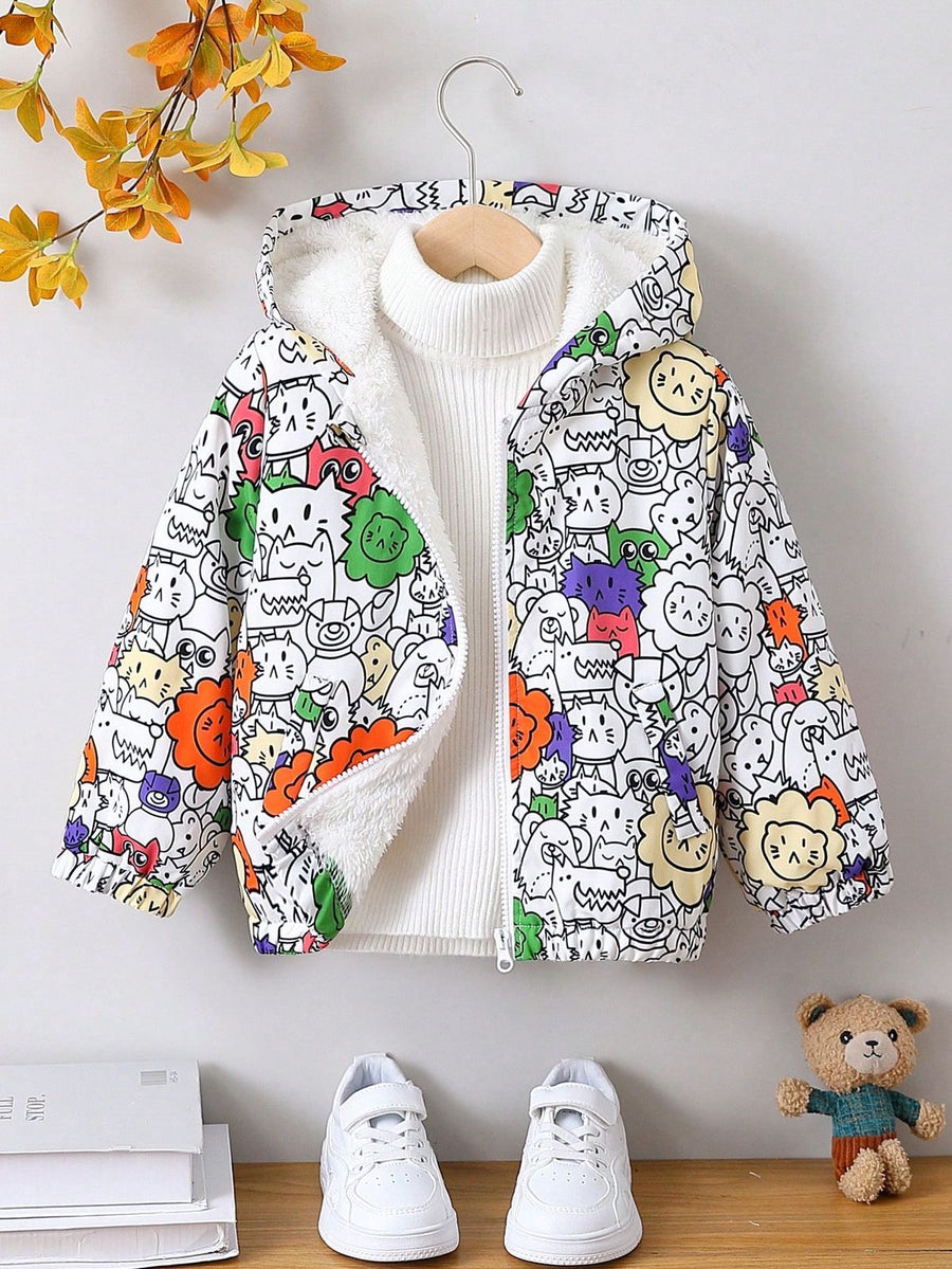 BABY/BOY WHITE CARTOON STYLE PRINTED WINTER FLEECE ZIP-UP HOODIE - #Z-0089